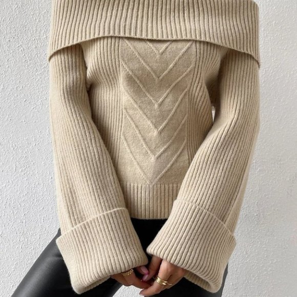 Khaki Preppy Womens off shoulder Sweater - Picture 3 of 5